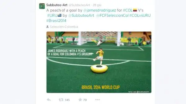 Il primo dei due gol realizzati da James Rodriguez contro l'Uruguay.
