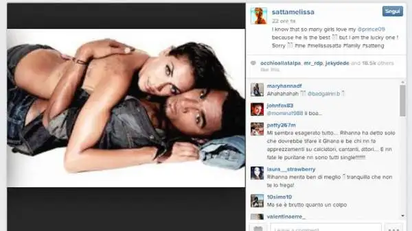 Rihanna seguendo i Mondiali ha scoperto Boateng ma Melissa Satta, prima di sposare l'ex milanista, ha dimostrato su Twitter di volerselo tenere stretto.