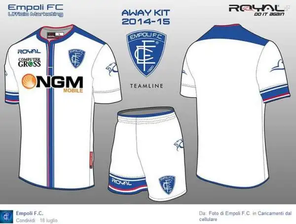Come da tradizione, la maglia da trasferta è bianca con inserti azzurri.