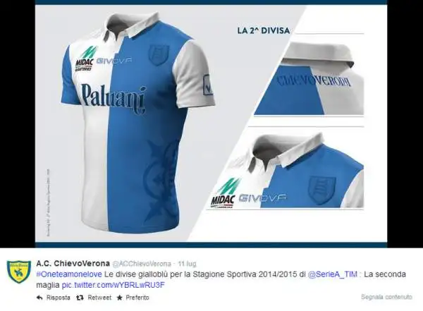 Tenuta bicolore per la maglia da trasferta, non un inedito per i Mussi Volanti (che in passato optarono per una soluzione gialloverde).