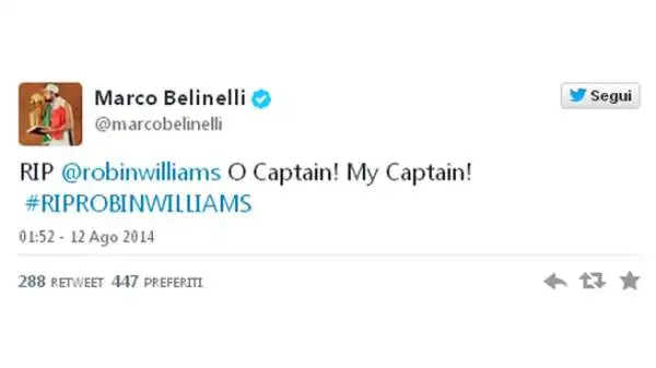 La morte di Robin Williams, attore di Hollywood e mito per almeno tre generazioni di amanti del cinema, ha gettato nello sconforto il mondo. E tanti sportivi hanno voluto salutarlo.