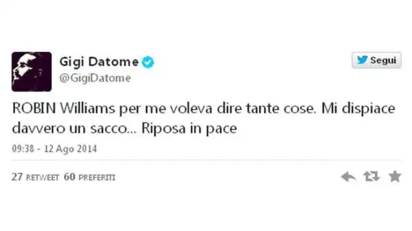 La morte di Robin Williams, attore di Hollywood e mito per almeno tre generazioni di amanti del cinema, ha gettato nello sconforto il mondo. E tanti sportivi hanno voluto salutarlo.