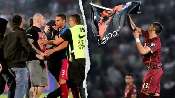 Caos in Serbia-Albania: un drone telecomandato irrompe in campo con la bandiera del Kosovo, che Mitrovic cerca di strappare. Esplode un putiferio, invade il campo anche Ivan Bogdanov.
