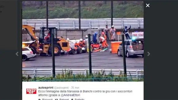 Durante il Gran Premio del Giappone, investito dal tifone Phanfone, Jules Bianchi si è schiantato sotto la gru che stava già recuperando la macchina di Sutil.