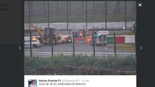 Durante il Gran Premio del Giappone, investito dal tifone Phanfone, Jules Bianchi si è schiantato sotto la gru che stava già recuperando la macchina di Sutil.