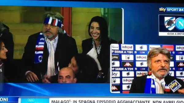 Ferrero incontenibile: con la sciarpa a mo' di bandana si lamenta per l'arbitraggio di Rocchi in Juventus-Sampdoria.