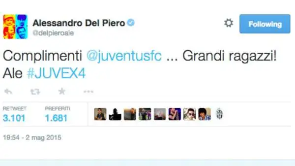 Anche Alessandro Del Piero si complimenta con i suoi ex compagni: "Grandi ragazzi!", twitta 'Pinturicchio'.