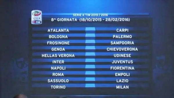Ottava giornata dopo la pausa per le Nazionali. Il 18 ottobre sarà incentrato sul Derby d'Italia: Inter-Juve. Torino-Milan completa l'incrocio tra le due città, importante anche Napoli-Fiorentina.