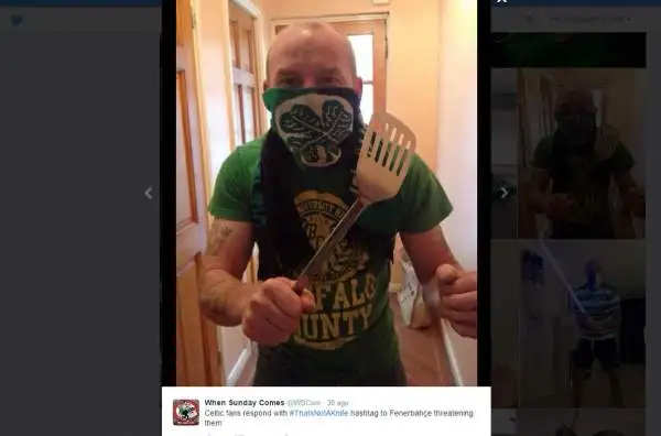 Nell’attesa che la polizia turca faccia il suo dovere coi due tifosi (?) del Fenerbahce che hanno minacciato quelli del Celtic brandendo un coltello, ecco l’ironica risposta dei biancoverdi.