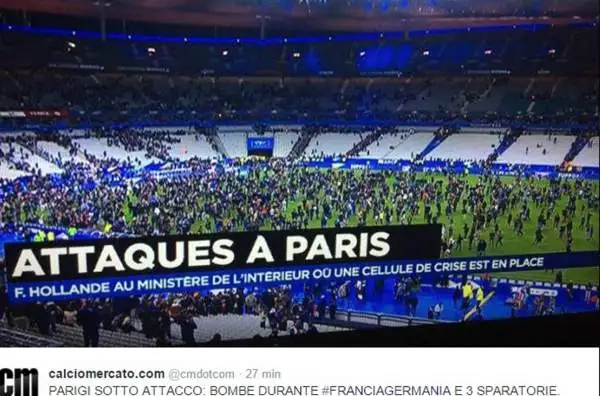 L'apocalisse a Parigi mentre Francia e Germania erano impegnate in amichevole. Decine di morti in una serie di attentati di matrice islamica. Nel 2016, in Francia, si giocheranno i campionati europei.