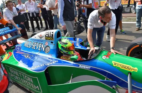 Il figlio di Michael Schumacher in pista a Spa con la Benetton sulla quale l'ex ferrarista vinse il primo titolo mondiale.