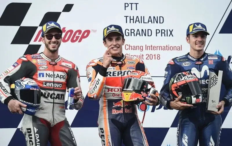 Sul podio ocn il Campione del Mondo e il Ducatista anche Maverick Vinales. Quarto Valentino Rossi.
