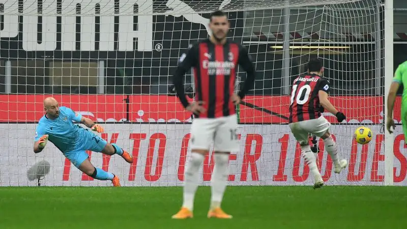 Il raddoppio arriva al 17': l'arbitro Di Bello concede un rigore per mani di Patric in area, Calhanoglu trasforma dagli undici metri.