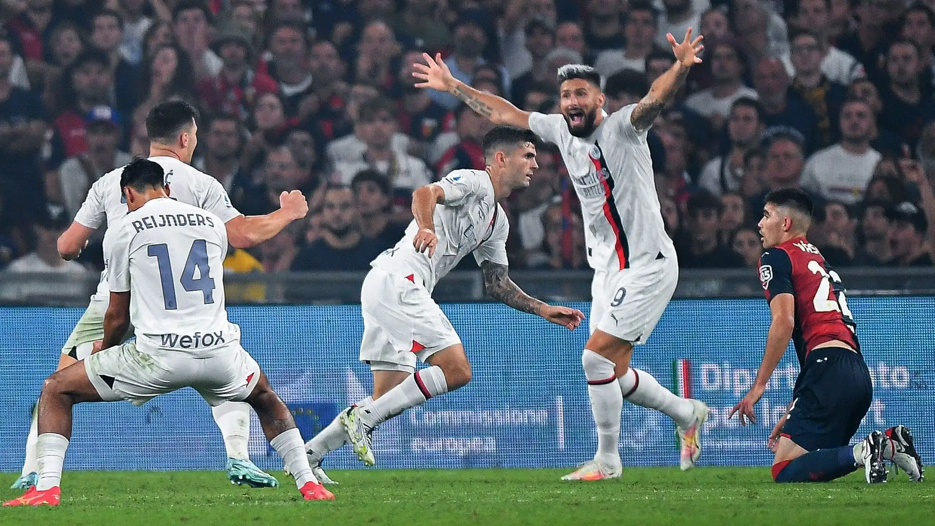 Minuto 87: Pulisic controlla forse con un braccio e segna, i genoani si lamentano ma per l'arbitro è tutto regolare
