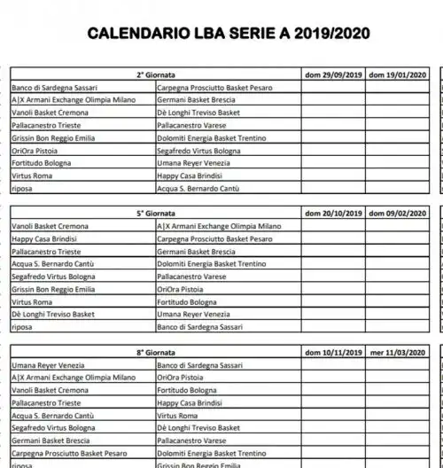 Basket serie A, ecco il calendario completo