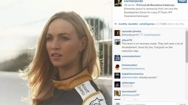 Una nuova donna in Formula 1. La Lotus giovedì ha infatti annunciato Carmen Jordá come nuova collaudatrice per la stagione 2015, lo stesso ruolo occupato da Susie Wolff in Williams.