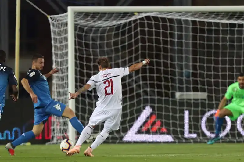 In vantaggio nel primo tempo con un gran tiro di Biglia, i rossoneri si fanno raggiungere nella ripresa da un rigore di Caputo.