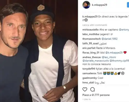 Juve-Monaco, Mbappe chiede consiglio a Totti