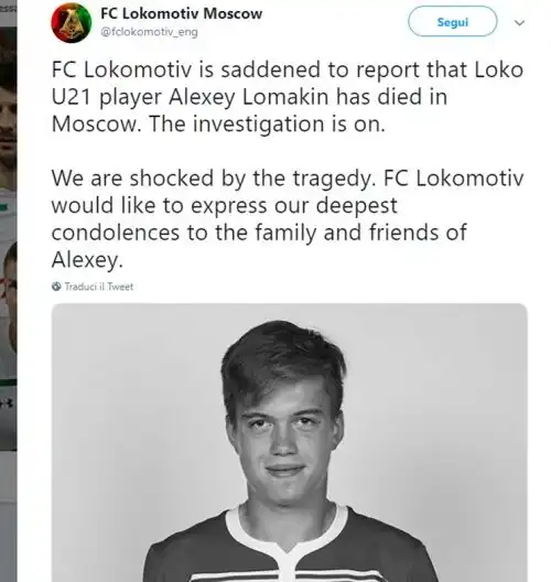 Muore il 18enne Lomakin, tragedia a Mosca