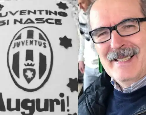 Lamberto Sposini festeggia con una torta della Juve