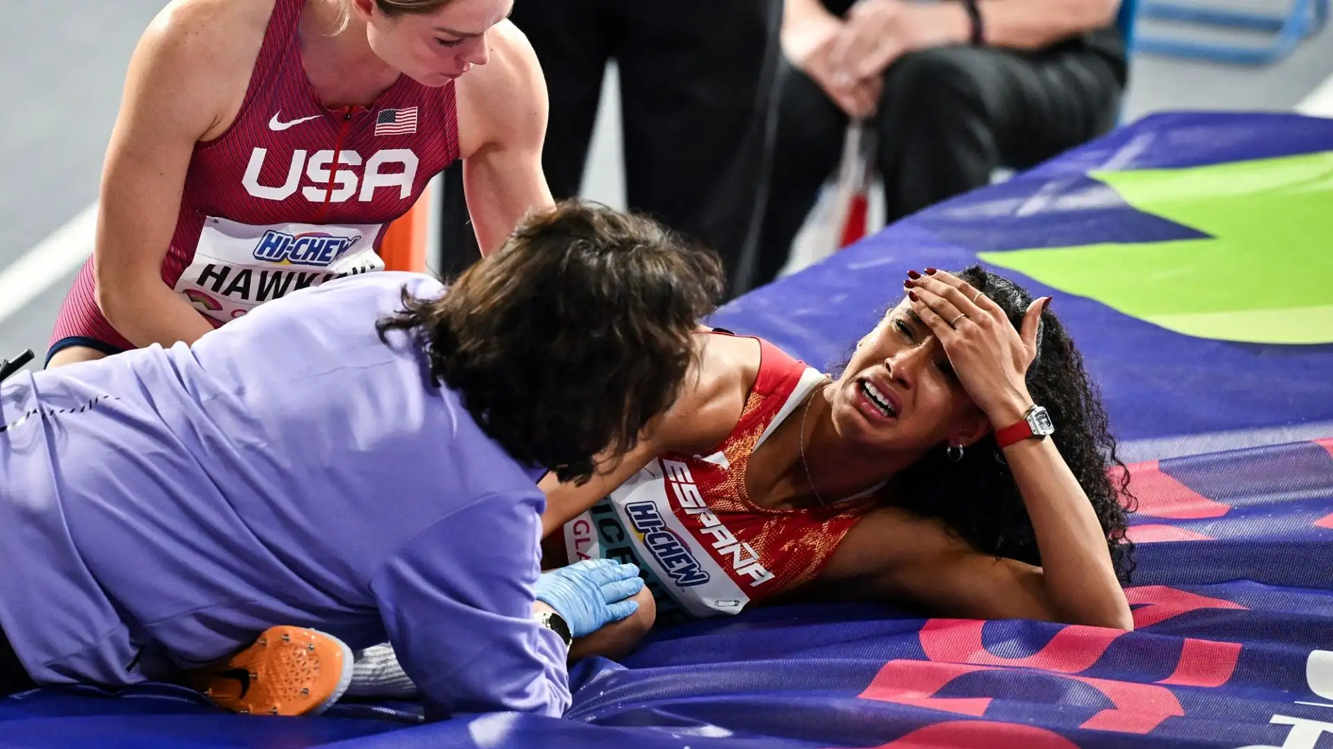 L'atleta iberica si è infortunata nella gara del salto in alto ai Mondiali di atletica a Glasgow