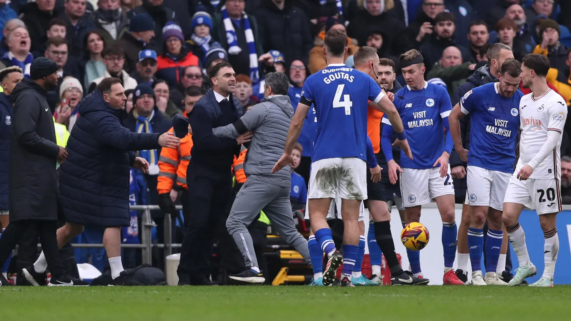 Sono dovuti intervenire alcuni calciatori del Cardiff
