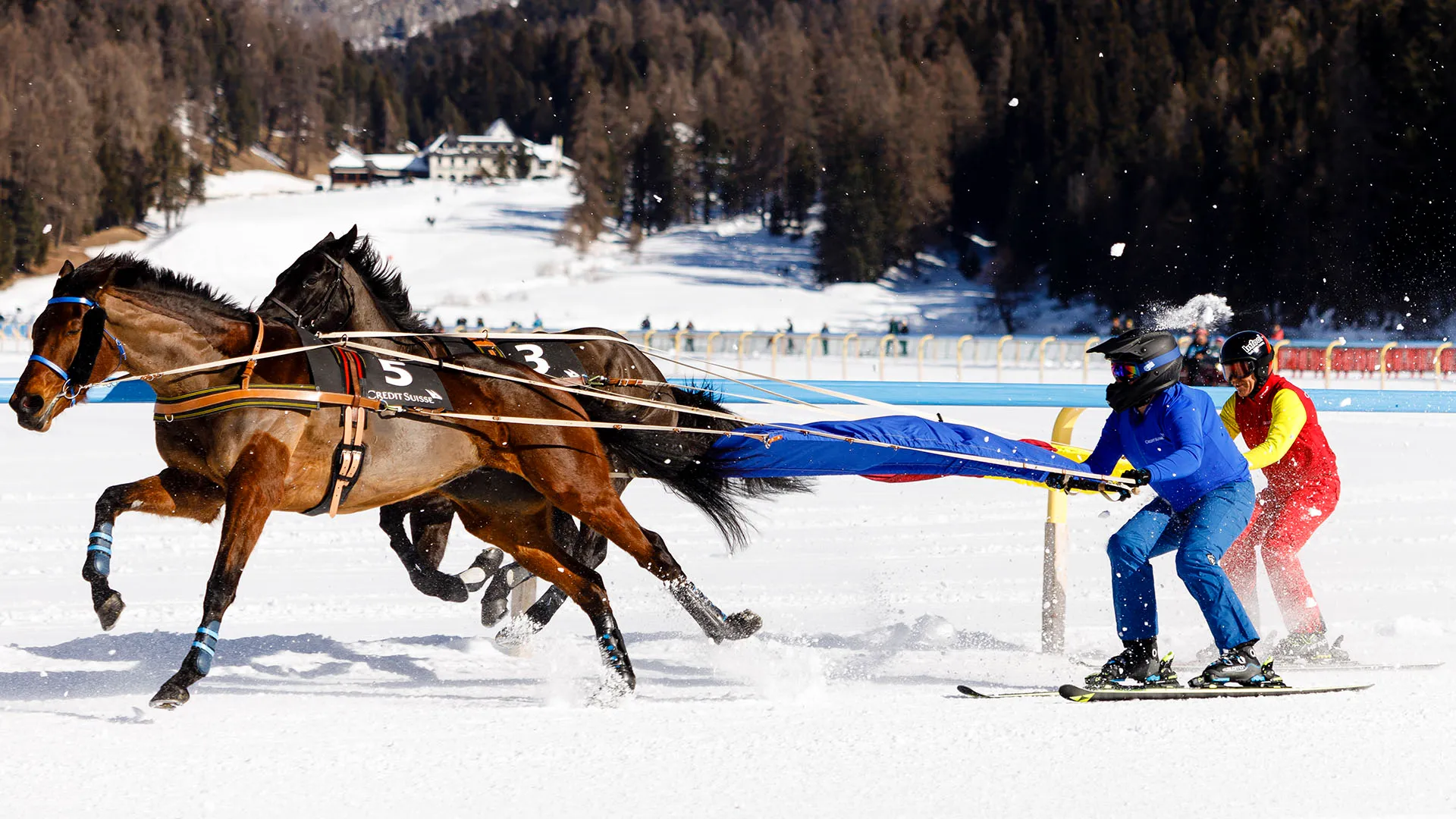 Lo Skijöring equestre prevede l'utilizzo di un cavallo, guidato da un cavaliere o anche senza pilota, che traina una persona sugli sci