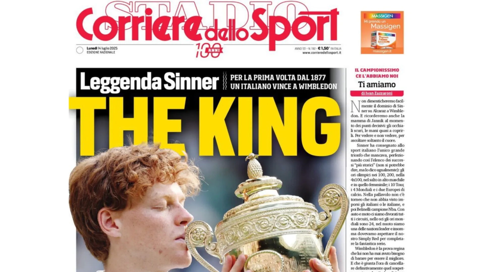 Il Corriere dello Sport celebra Sinner "The King"