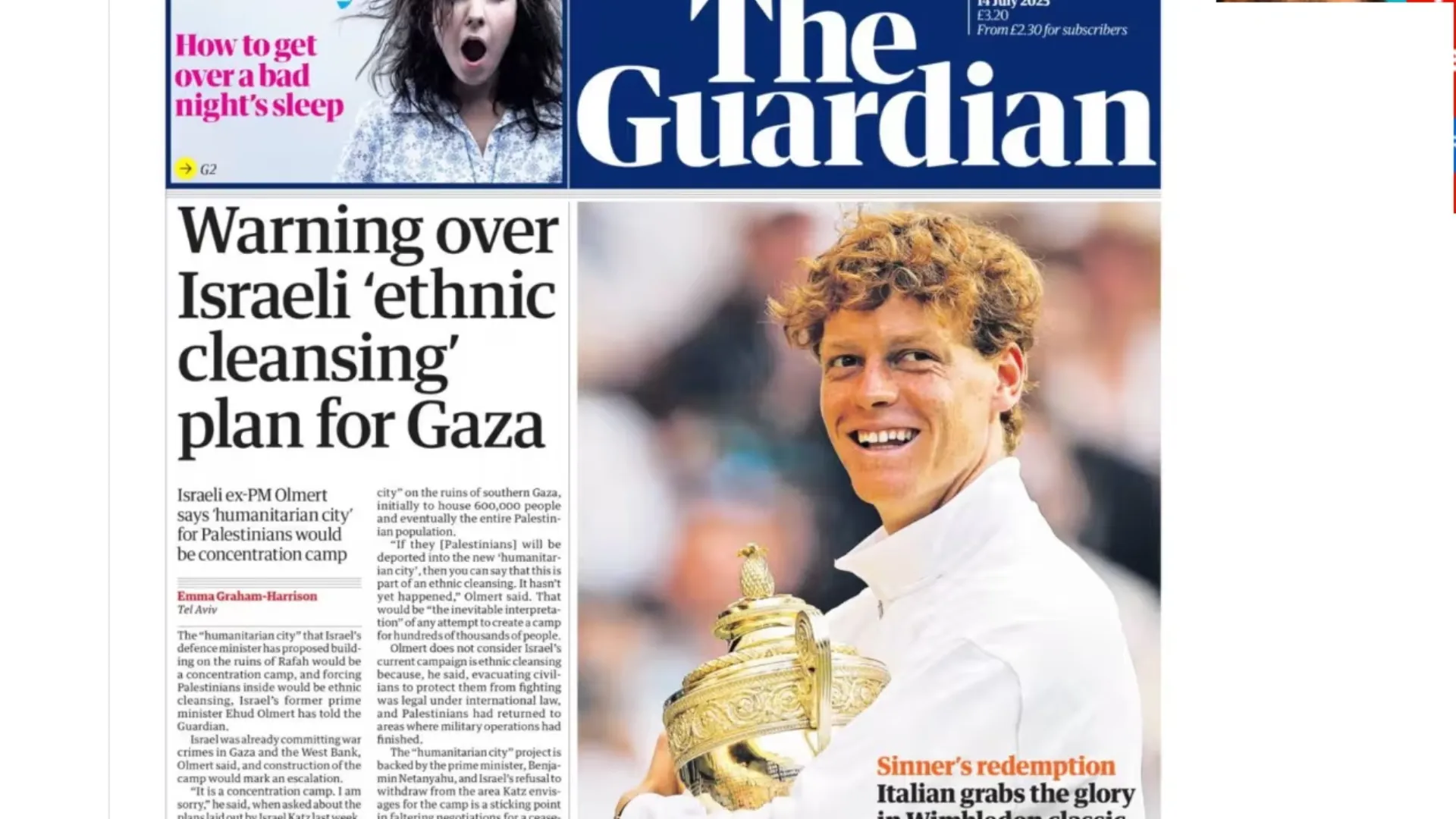 "La redenzione di Jannik Sinner": l'Azzurro è in prima pagina sul Guardian