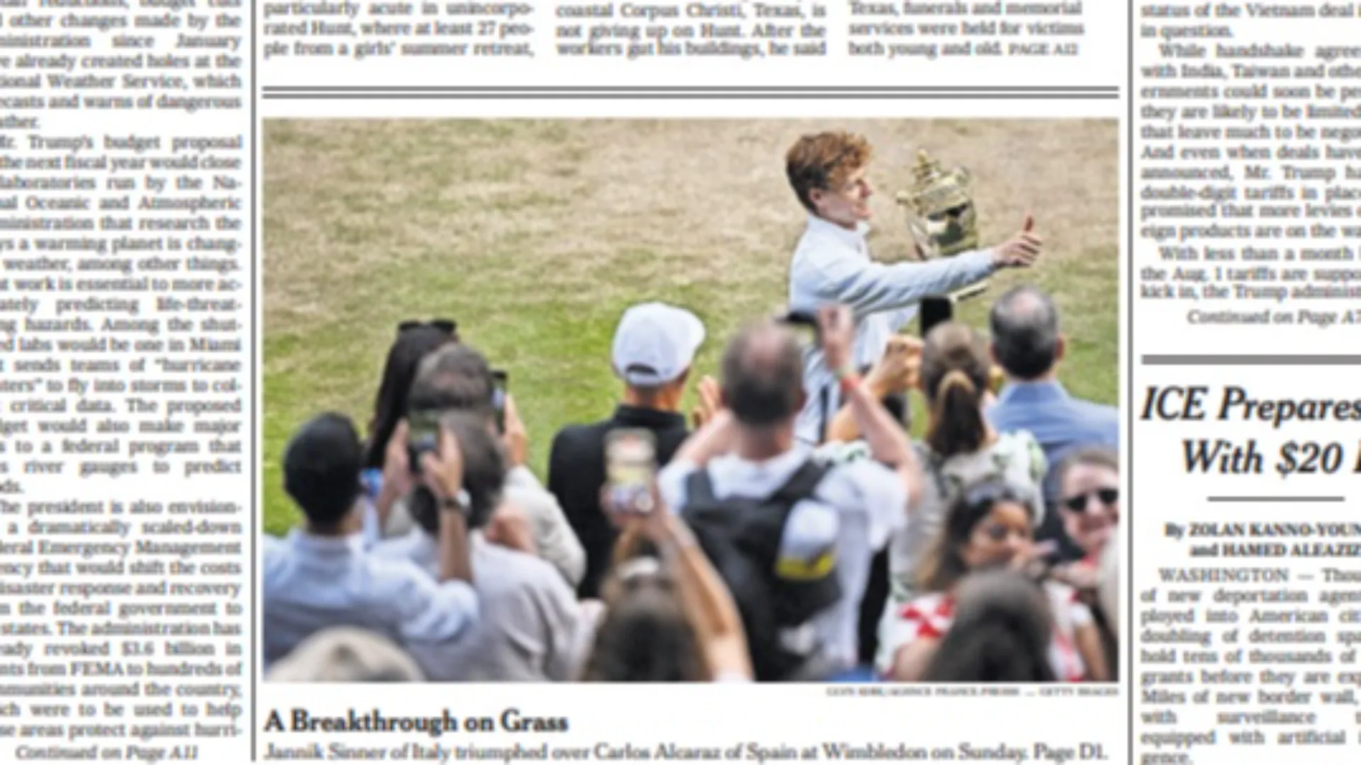 Anche il New York Times celebra Sinner sulla sua prima pagina