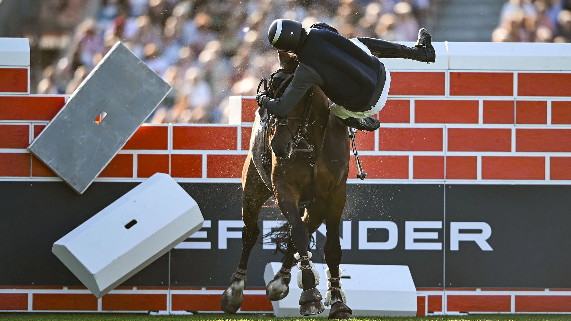 Dopo aver colpito l'ostacolo, Elliott ha perso l'equilibrio ed è caduto dal suo cavallo, Flamboyant III