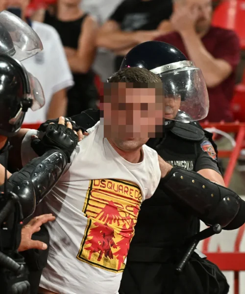 Caos durante Serbia-Inghilterra, la polizia blocca un uomo. Foto