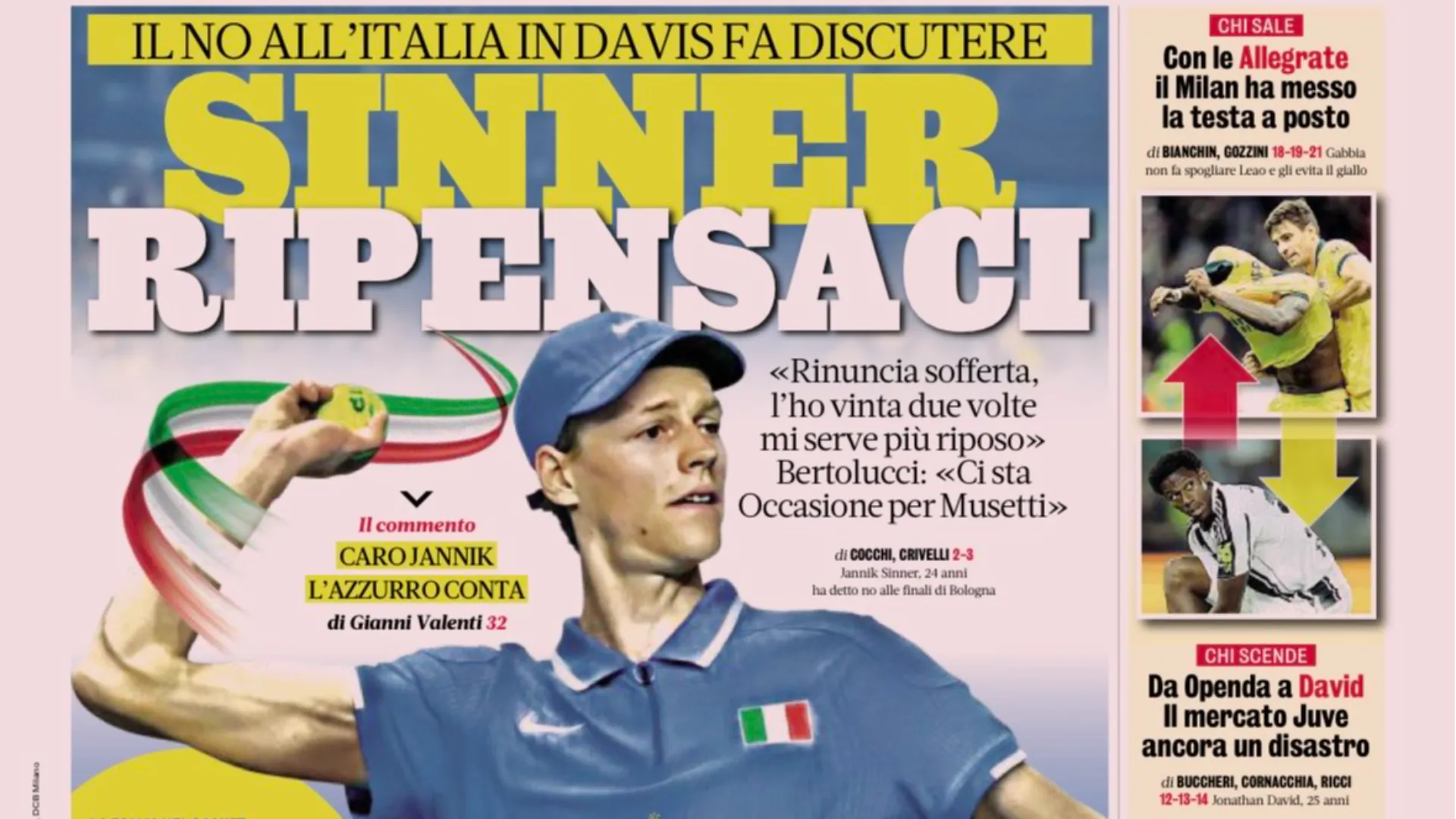 "Sinner ripensaci", è il titolo in prima pagina