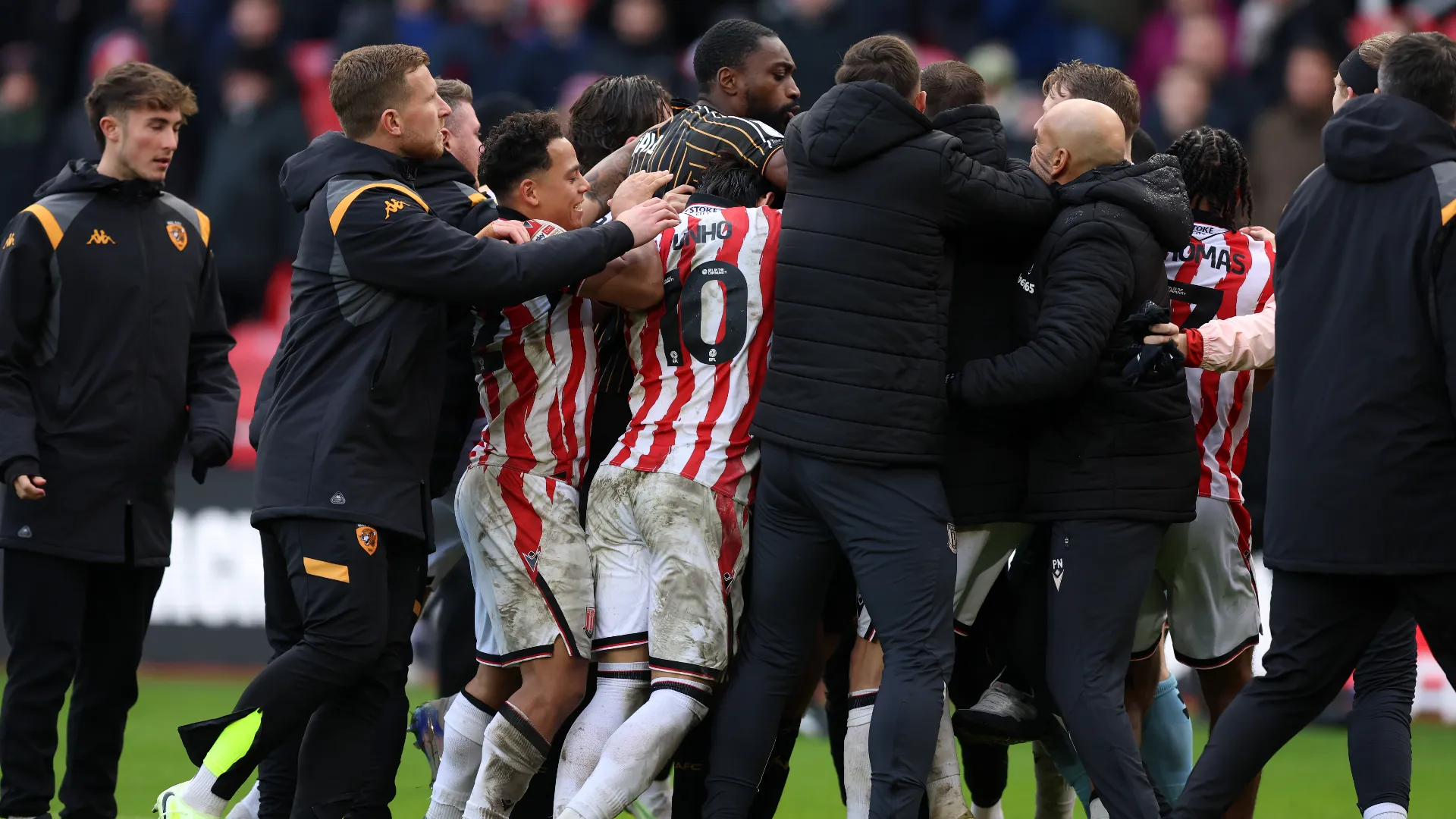 Durante il litigio, dagli spalti è arrivato di tutto: i tifosi hanno lanciato bicchieri e non solo
