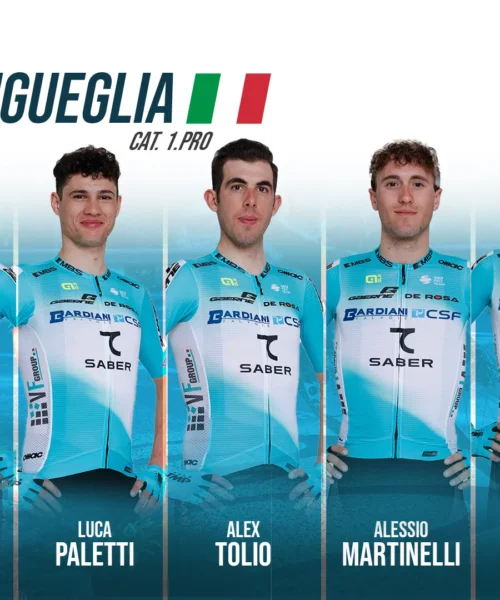 Bardiani-CSF 7 Saber al via del Trofeo Laigueglia