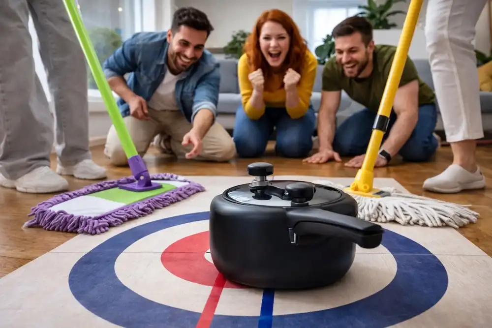 Curling senza ghiaccio: prova a giocare in casa con pentole e spazzolone, risate assicurate